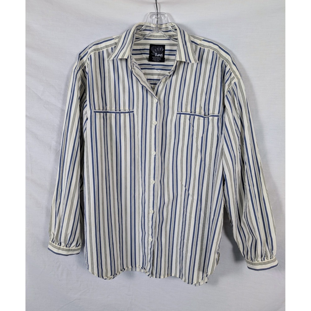 Lee Women's M Blue Striped Cotton Button Up Shirt Relaxed Fit Boyfriend Coastal